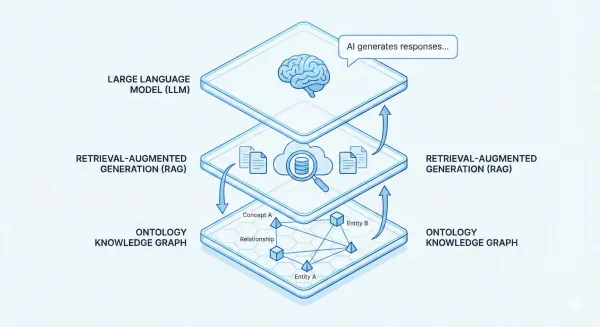 LLM, RAG, 온톨로지가 결합된 AI 구조를 설명하는 인포그래픽 이미지로, 검색 기반 생성과 지식 그래프가 연결된 개념도