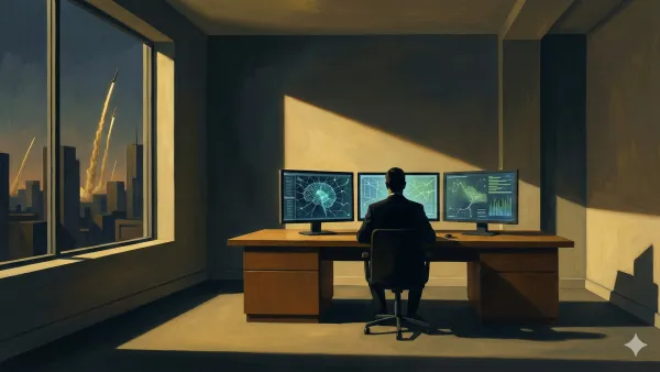 인공지능과 우주 기술의 융합을 상징하는 에드워드 호퍼 풍의 일러스트레이션. 고독한 인물이 AI 데이터가 흐르는 화면을 마주하고 있으며, 창밖으로는 SpaceX의 로켓 발사가 목격된다. 기술적 변혁 속에서의 고독과 성찰을 담은 정교한 빛의 묘사