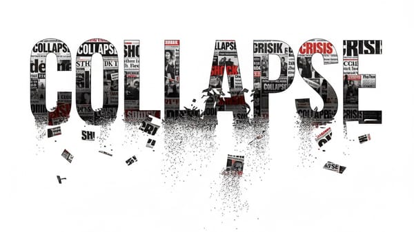 Giant typographic word "COLLAPSE" is physically crumbling and breaking apart, with chunks of letters falling like debris.