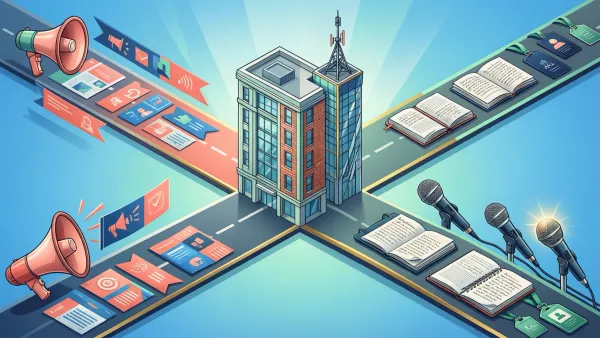 기업 마케팅(확성기, 배너)과 언론(마이크, 수첩)의 결합을 시각화한 현대적인 아이소메트릭 일러스트. '기업 뉴스룸'과 '콘텐츠 전략'의 교차점을 보여주는 깔끔한 디자인.