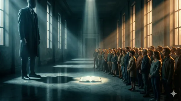 거대한 법정 복도에서 얼굴 없는 거대 기업가 형상과 일반 시민 무리가 대치하는 시네마틱 이미지. 중앙 바닥에는 한 권의 법전이 빛을 받으며 펼쳐져 있고, 차가운 청색 조명과 따뜻한 금빛 조명이 양측의 대비를 극명하게 보여준다.