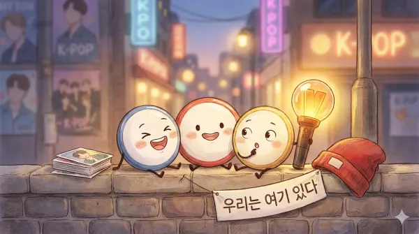 해 질 녘 부드러운 불빛이 감도는 서울 거리를 배경으로, 표정이 풍부한 세 개의 동그란 배지 캐릭터들이 돌담 위에 나란히 앉아 있다. 