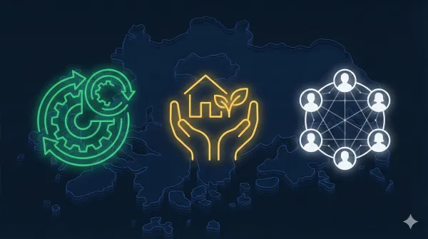 전라남도와 광주광역시의 지형 실루엣 지도 위에 산업 혁신(에메랄드색 기어와 순환 화살표), 사회 복지(금색 집과 새싹을 감싸는 손), 시민 참여(흰색 네트워크로 연결된 사람들)를 상징하는 세 가지 아이콘이 오버레이된 한국 정책 기사 히어로 일러스트레이션. 와이어드 및 이코노미스트 스타일의 프리미엄 에디토리얼 디자인.