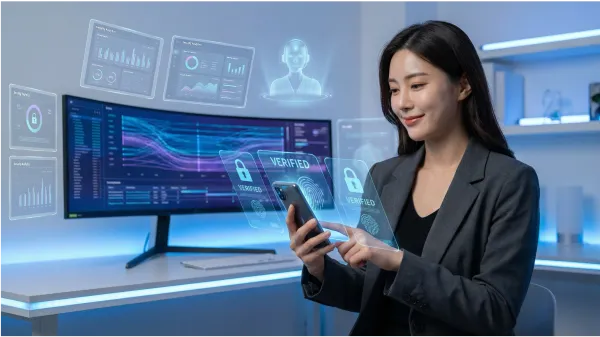 로그인 시 서버가 이용자에게 인증을 요청하고 이용자는 기기에서 지문, 안면 인식 등 생체 인증이나 PIN 번호로 개인키를 활성화하여 전자서명을 생성하는 장면