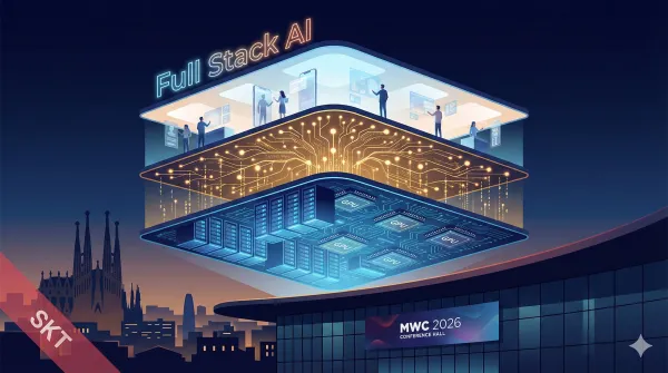 SKT의 풀스택 AI 전략을 상징하는 일러스트. 바르셀로나 야경 위에 인프라, 모델, 서비스 세 층이 빛의 탑처럼 쌓여 있으며, MWC 2026 선언을 시각화한 편집 일러스트레이션.