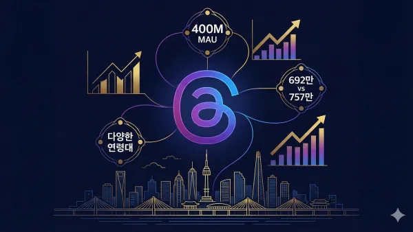 중앙에 스레드(Threads) 로고가 보라색과 파란색 그라데이션으로 위치하고, 주변에는 '400M MAU', '692만 vs 757만', '다양한 연령대'라는 데이터 포인트가 황금색 선으로 연결된 인포그래픽 스타일의 일러스트레이션.