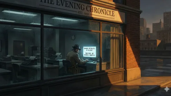 황혼 무렵 뉴스룸에서 제로 클릭 검색 화면을 바라보는 콘텐츠 크리에이터. 에드워드 호퍼 스타일의 우울하고 고독한 분위기로 전통 검색 시대의 종말을 상징한다.